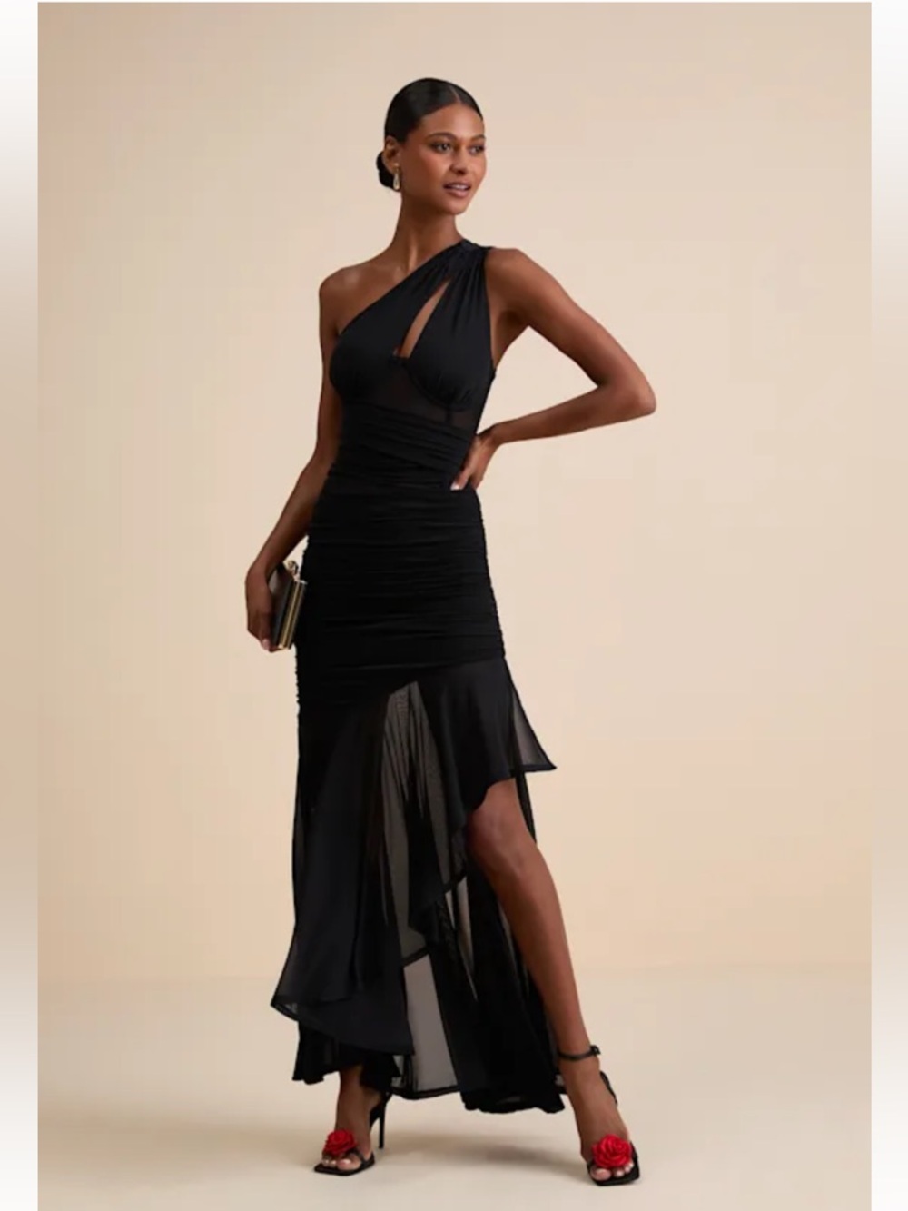 Lulu's Black One-Shoulder Asymmetrical Evening Dress